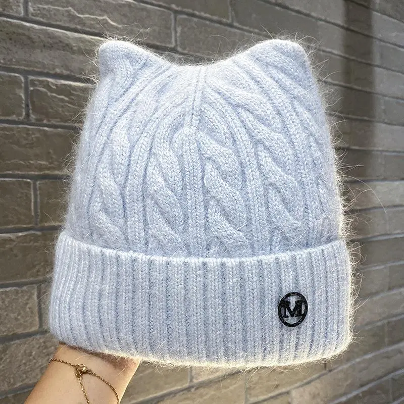 Rabbit Fur Beanies Winter Hat for Woman Cute Ear Letter Knit Hat Bonnet Lady Autumn Winter Warm Skullies