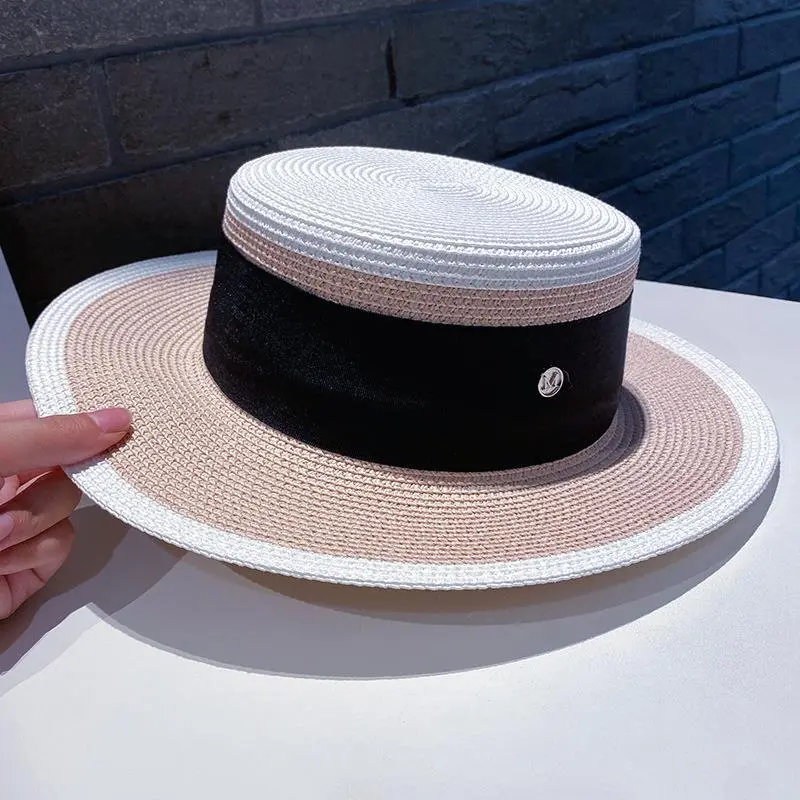 RH Hepburn French Fragrance Style Colorful Gift Hat Women Travel Patchwork Weave Flat Top Hat