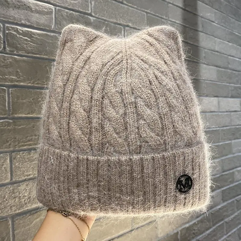 Rabbit Fur Beanies Winter Hat for Woman Cute Ear Letter Knit Hat Bonnet Lady Autumn Winter Warm Skullies