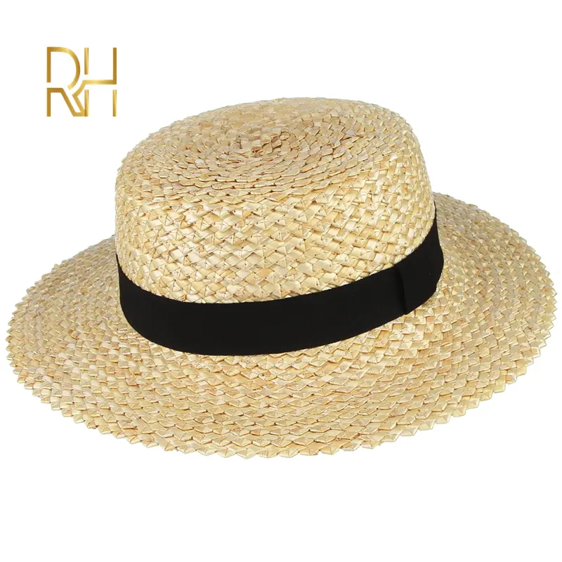 RH Spring Summer Beach hat Black Ribbon Female Thick Wide Wheat Braid Boater Hat Natural Straw Beach Visor Sun Cap