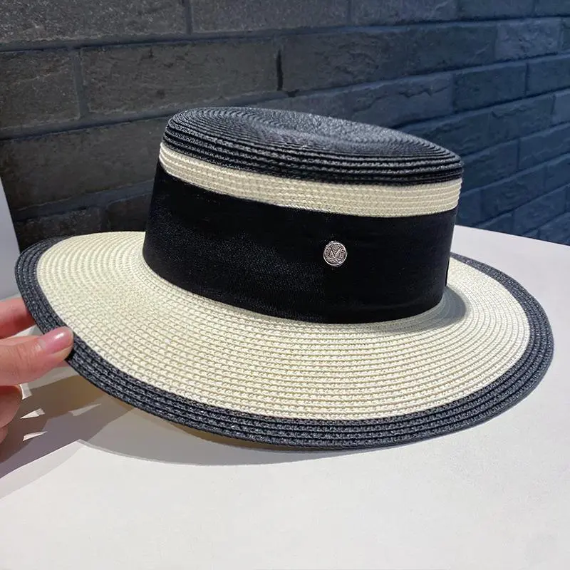 RH Hepburn French Fragrance Style Colorful Gift Hat Women Travel Patchwork Weave Flat Top Hat