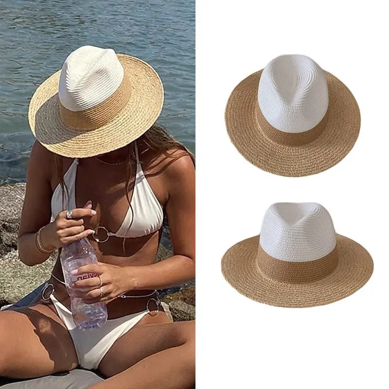 Female Raffia Stitching Panama Straw Hat British Fashion Fedora Hat Sun Protection Beach Natural Hat