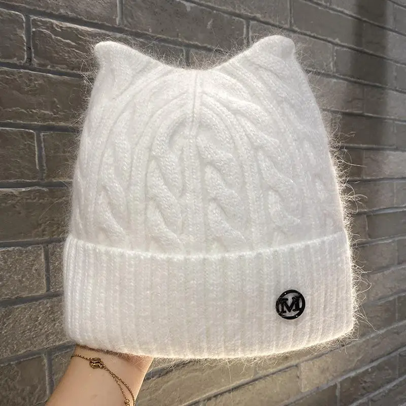 Rabbit Fur Beanies Winter Hat for Woman Cute Ear Letter Knit Hat Bonnet Lady Autumn Winter Warm Skullies