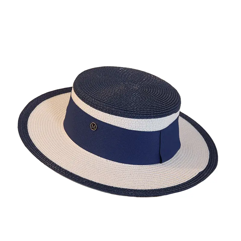 RH Hepburn French Fragrance Style Colorful Gift Hat Women Travel Patchwork Weave Flat Top Hat
