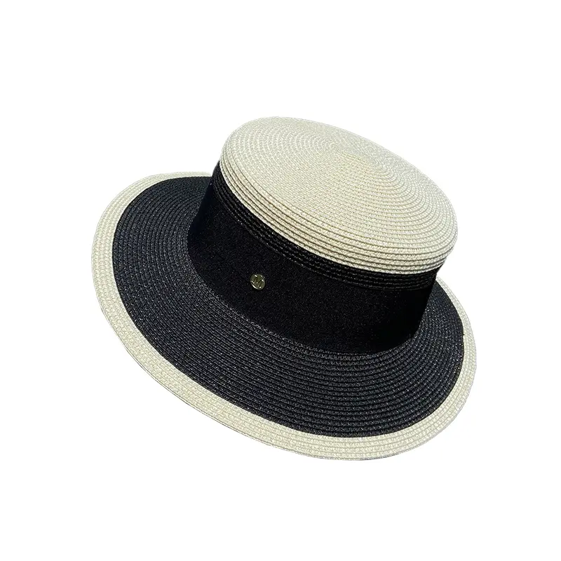 Chic Flat Top Elegant Straw Hat Versatile British Retro Panama Outdoor Travel Hat With Ribbon Band