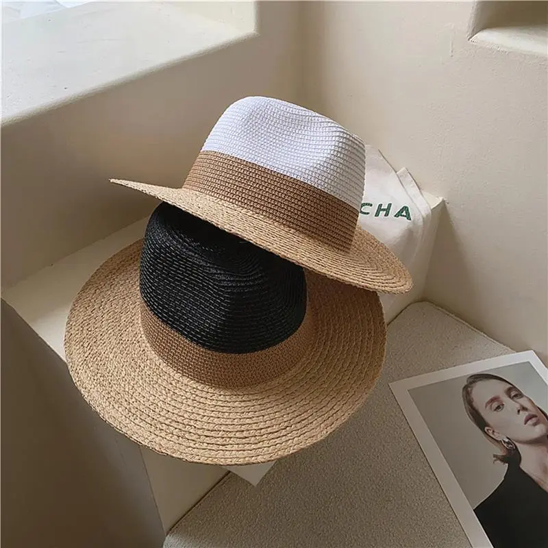 Female Raffia Stitching Panama Straw Hat British Fashion Fedora Hat Sun Protection Beach Natural Hat