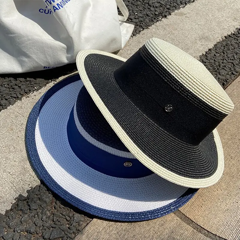 RH Hepburn French Fragrance Style Colorful Gift Hat Women Travel Patchwork Weave Flat Top Hat