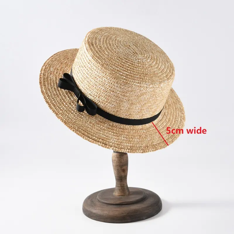 Flat straw hat spring summer ladies 5cm 7cm 9cm wide brim boater hat vacation sunshade beach Fedora Straw hat with black bowknot