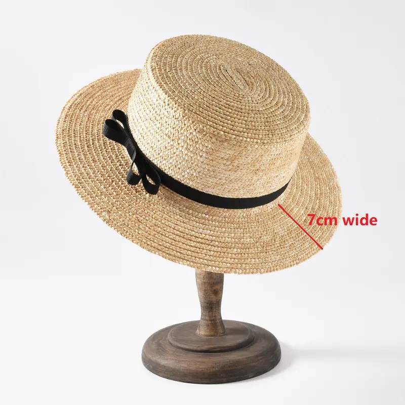 Flat straw hat spring summer ladies 5cm 7cm 9cm wide brim boater hat vacation sunshade beach Fedora Straw hat with black bowknot