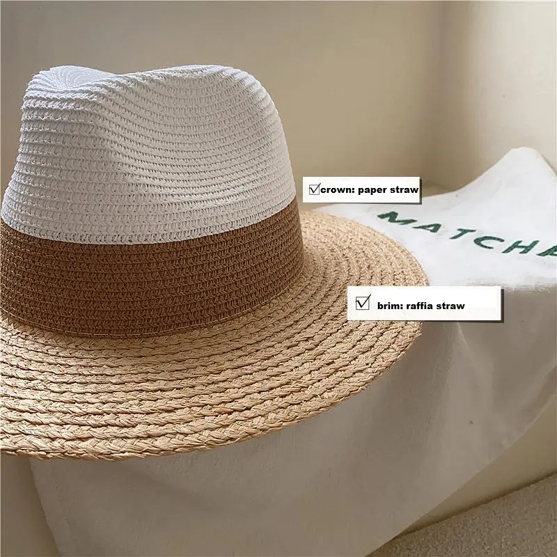 Female Raffia Stitching Panama Straw Hat British Fashion Fedora Hat Sun Protection Beach Natural Hat