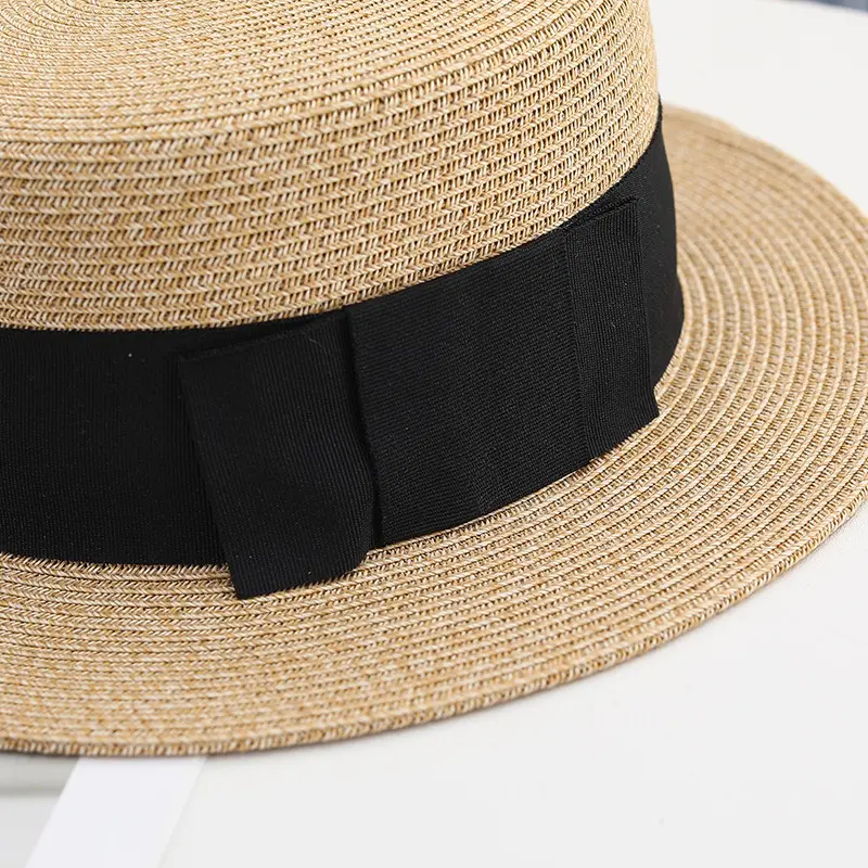 Retro Weave Soft Straw Hat Women Sun Flat Top Hat Spring Summer Fashion Travel Boater Hat With Ribbon