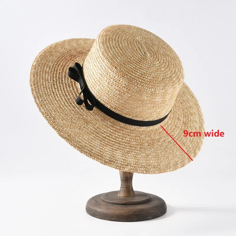 Flat straw hat spring summer ladies 5cm 7cm 9cm wide brim boater hat vacation sunshade beach Fedora Straw hat with black bowknot
