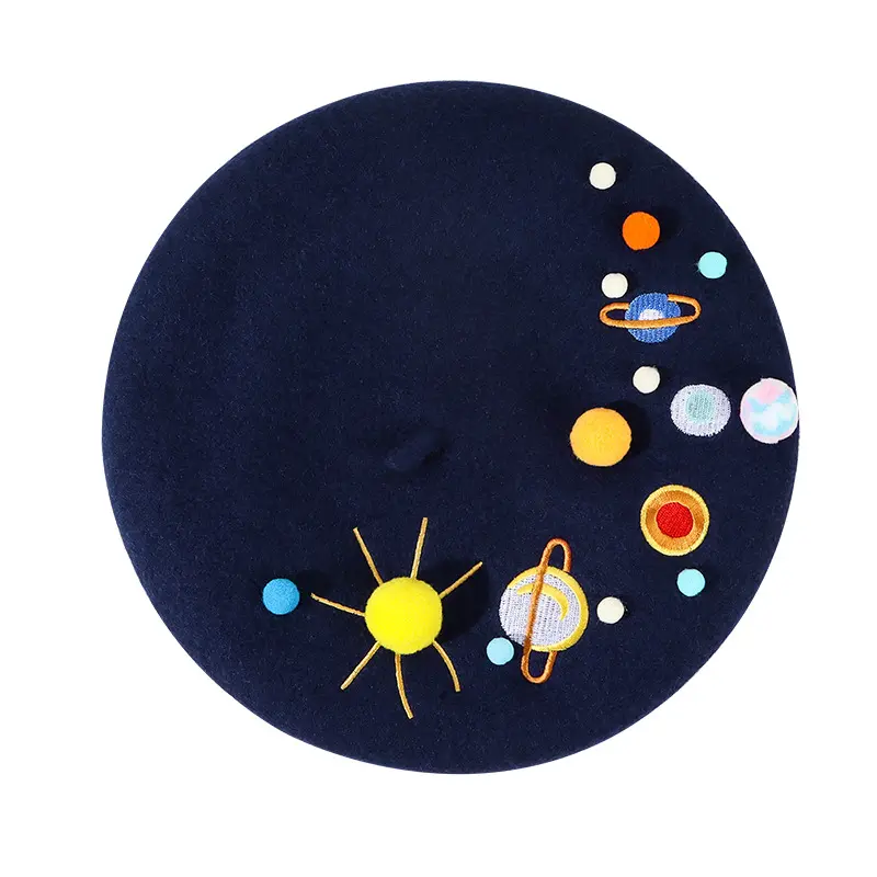 Autumn Winter Design Planet Embroidered Pom Pom Woolen Beret Caps Cute Stars Women Thick Painter Hat
