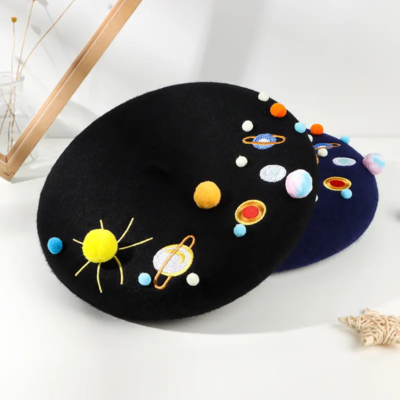 Autumn Winter Design Planet Embroidered Pom Pom Woolen Beret Caps Cute Stars Women Thick Painter Hat