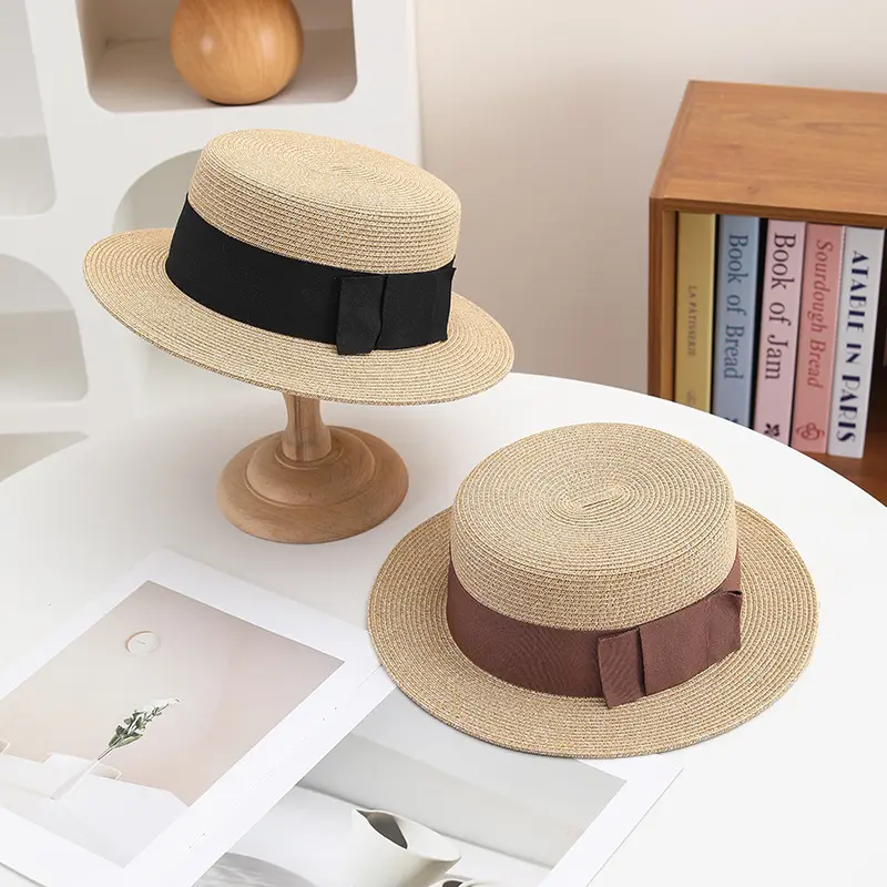 Retro Weave Soft Straw Hat Women Sun Flat Top Hat Spring Summer Fashion Travel Boater Hat With Ribbon