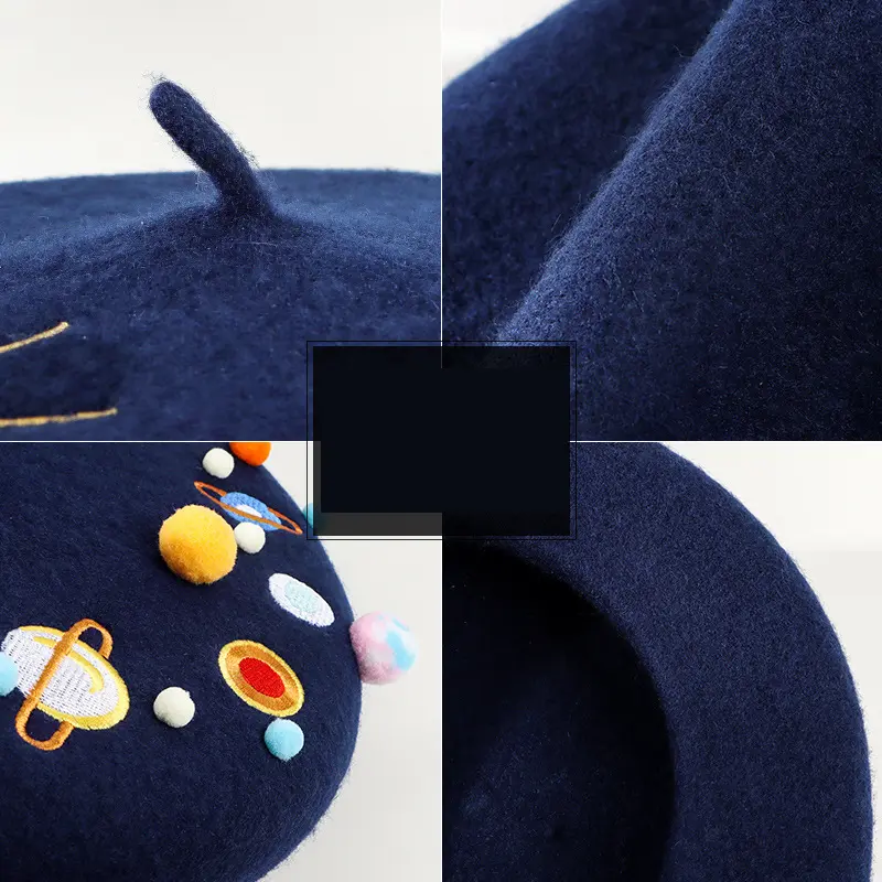 Autumn Winter Design Planet Embroidered Pom Pom Woolen Beret Caps Cute Stars Women Thick Painter Hat