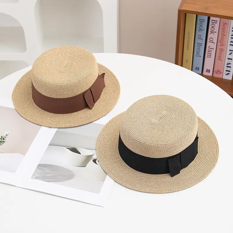 Retro Weave Soft Straw Hat Women Sun Flat Top Hat Spring Summer Fashion Travel Boater Hat With Ribbon