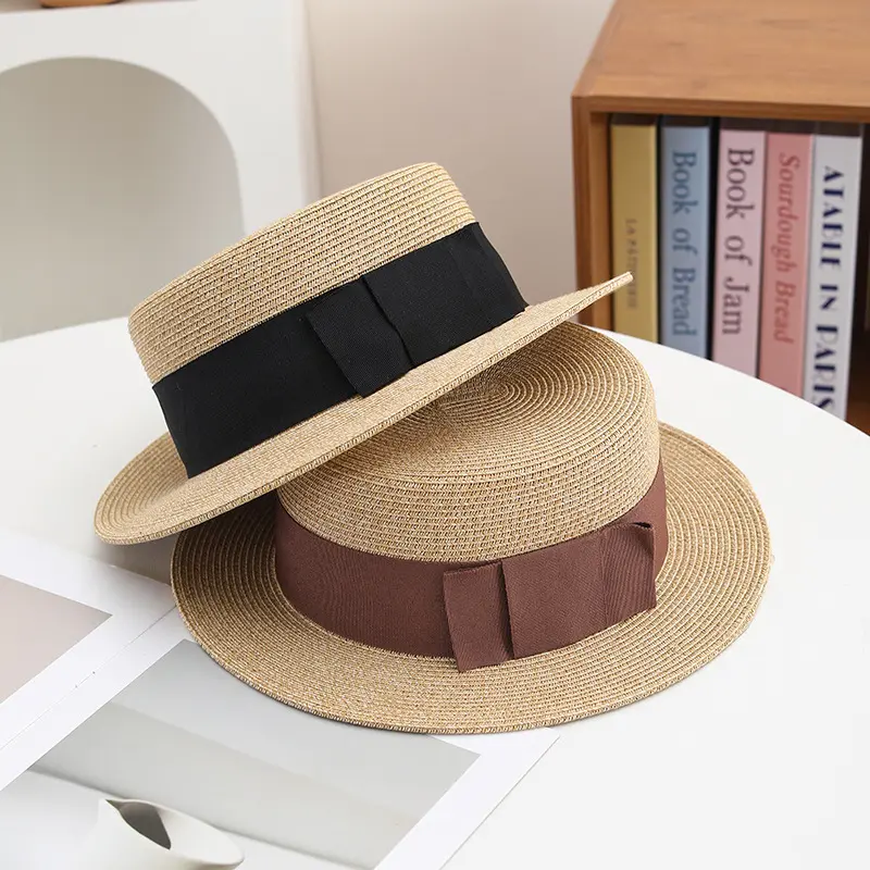 Retro Weave Soft Straw Hat Women Sun Flat Top Hat Spring Summer Fashion Travel Boater Hat With Ribbon