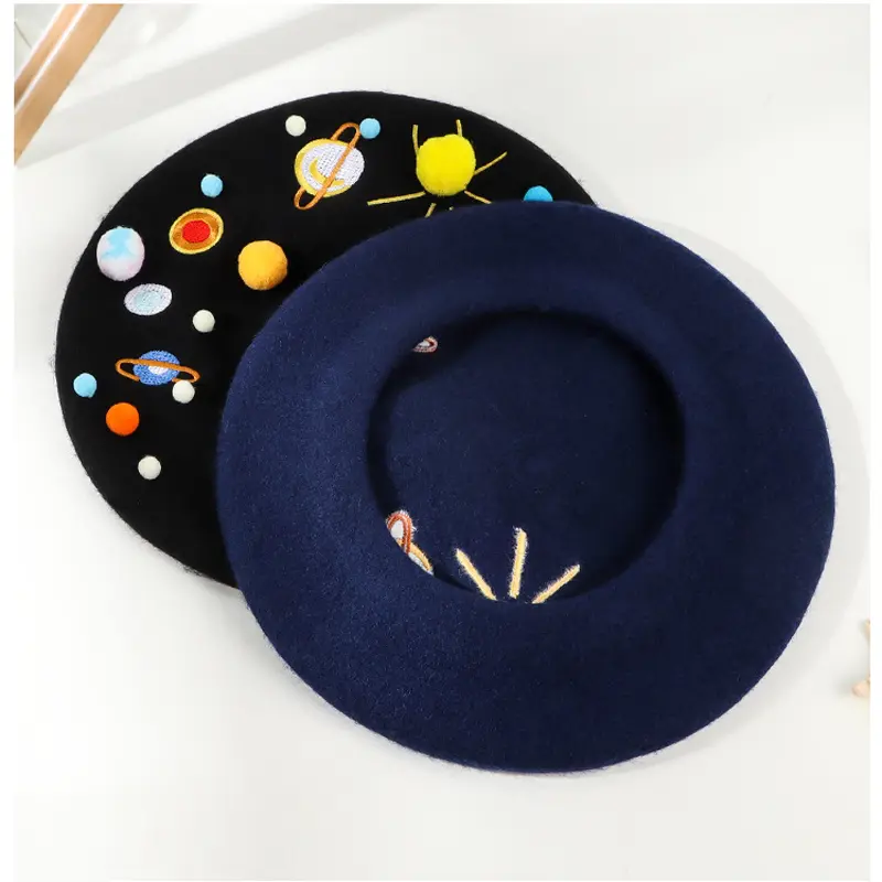 Autumn Winter Design Planet Embroidered Pom Pom Woolen Beret Caps Cute Stars Women Thick Painter Hat