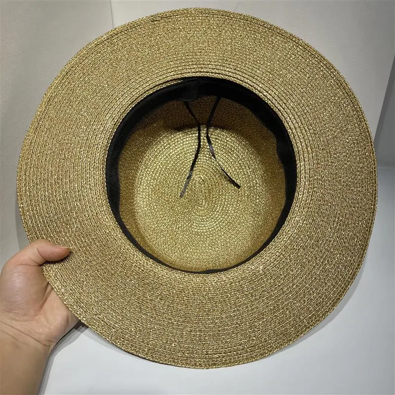 RH Women Classical Fashion Summer Flat Top Fresh Shiny Sequins Travel Golden Bee Boater Straw Hat