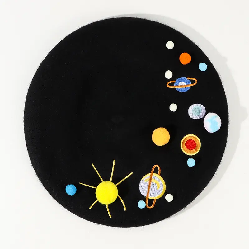 Autumn Winter Design Planet Embroidered Pom Pom Woolen Beret Caps Cute Stars Women Thick Painter Hat