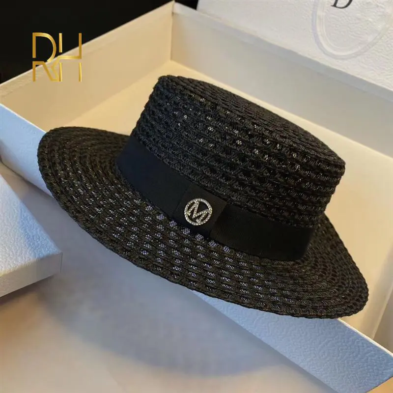 RH Women's Woven Straw Hat Flat Top Sunscreen M Brand Sun Hat Elegant Outdoor Breathable Hollow Mesh Travel Hat Rh