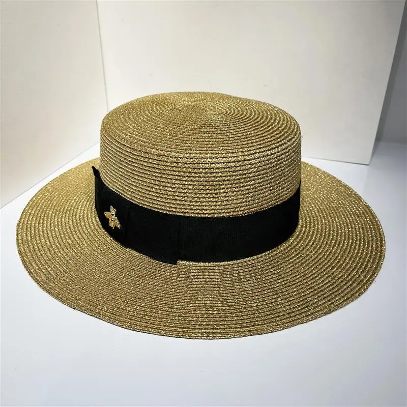 RH Women Classical Fashion Summer Flat Top Fresh Shiny Sequins Travel Golden Bee Boater Straw Hat