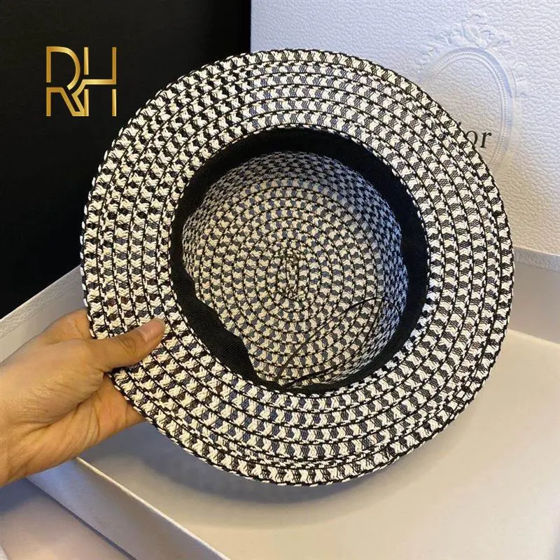 RH Women's Woven Straw Hat Flat Top Sunscreen M Brand Sun Hat Elegant Outdoor Breathable Hollow Mesh Travel Hat Rh
