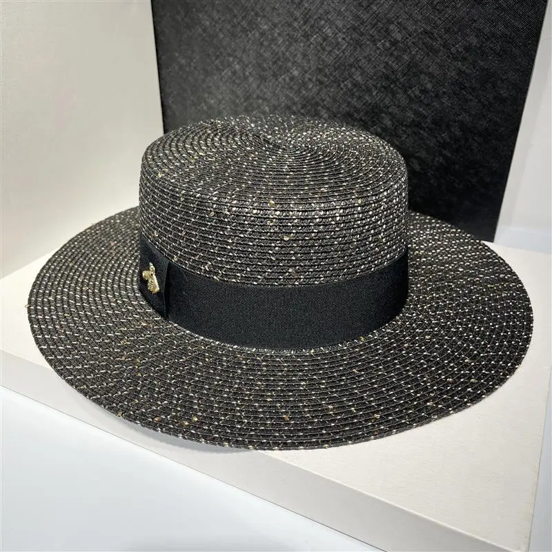 RH Women Classical Fashion Summer Flat Top Fresh Shiny Sequins Travel Golden Bee Boater Straw Hat