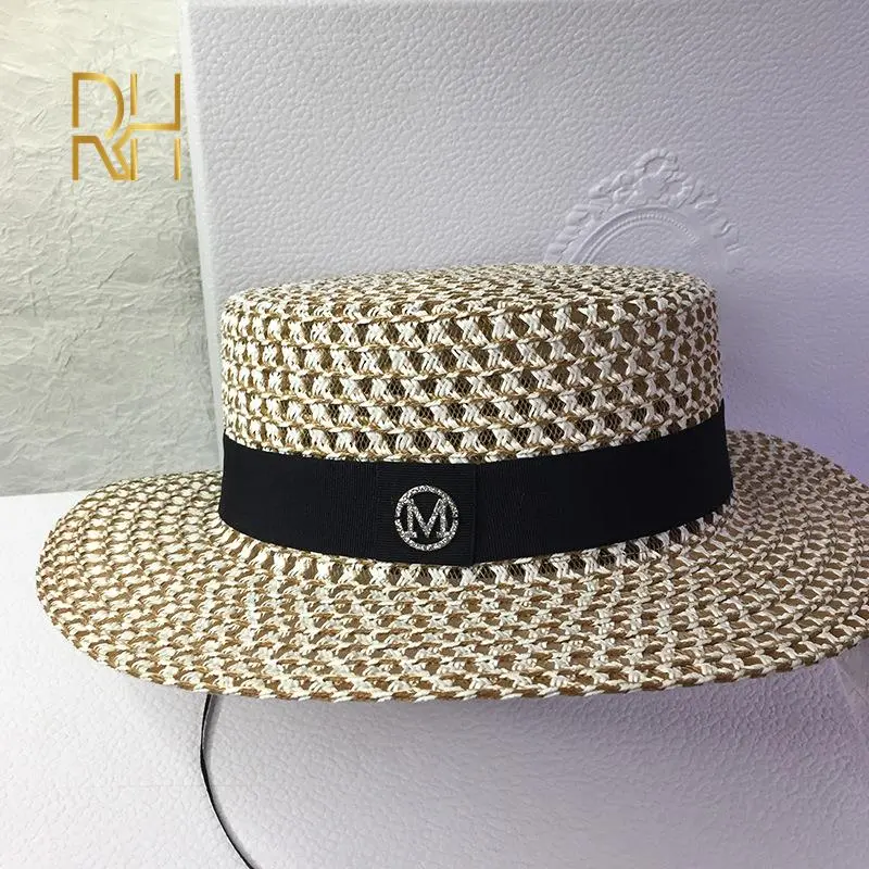 RH Women's Woven Straw Hat Flat Top Sunscreen M Brand Sun Hat Elegant Outdoor Breathable Hollow Mesh Travel Hat Rh