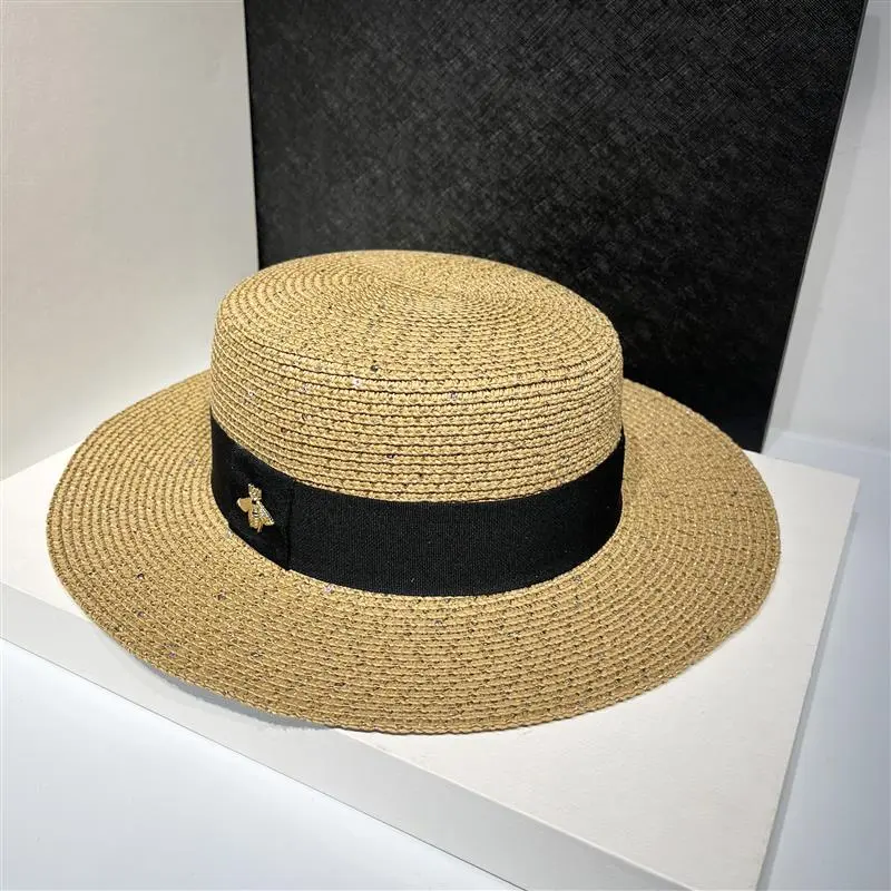 RH Women Classical Fashion Summer Flat Top Fresh Shiny Sequins Travel Golden Bee Boater Straw Hat