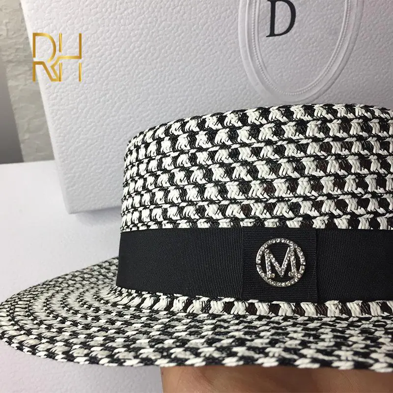 RH Women's Woven Straw Hat Flat Top Sunscreen M Brand Sun Hat Elegant Outdoor Breathable Hollow Mesh Travel Hat Rh