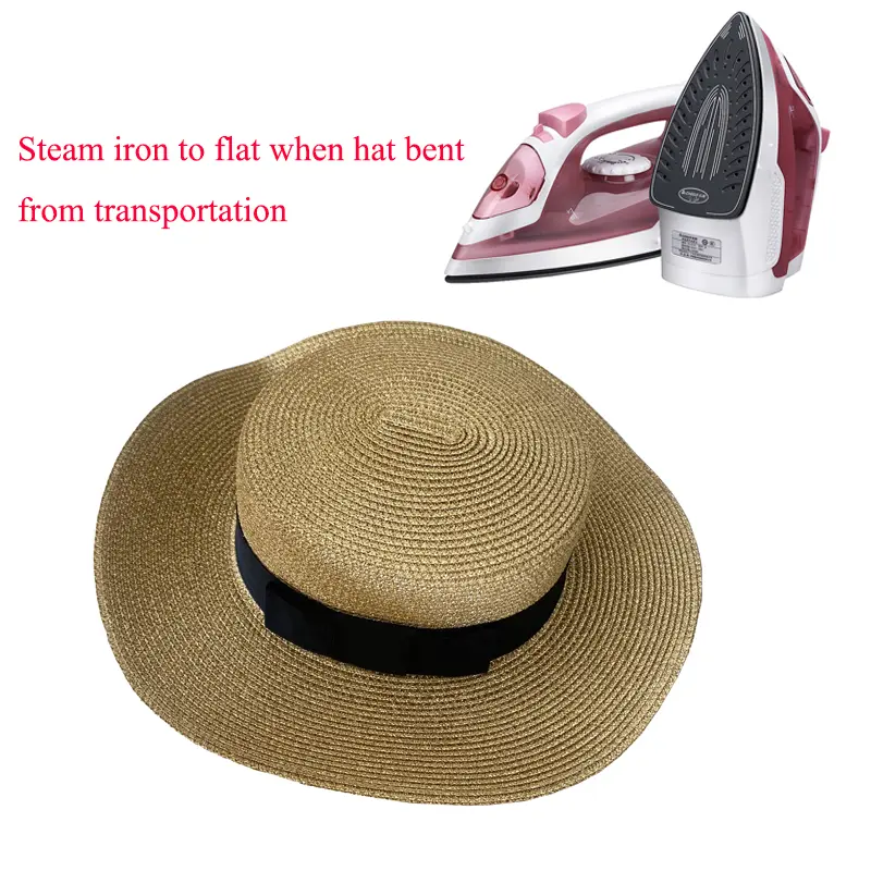 RH Women Classical Fashion Summer Flat Top Fresh Shiny Sequins Travel Golden Bee Boater Straw Hat