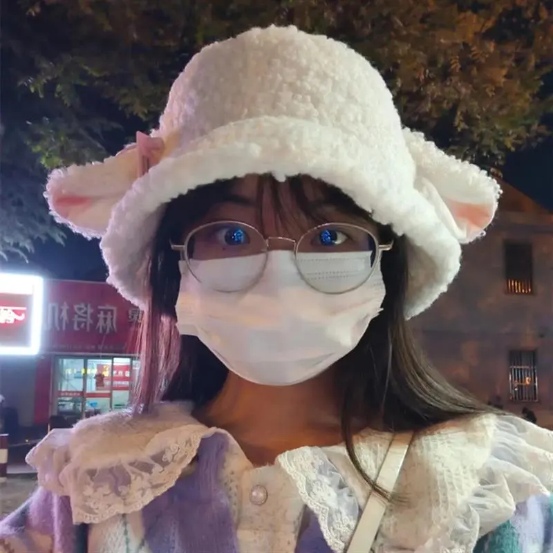 Female Faux Lamb Sheep Ears Fisherman Hat Autumn Winter Japanese Cute Sweet Korean New Kawaii Plush Bucket Hat