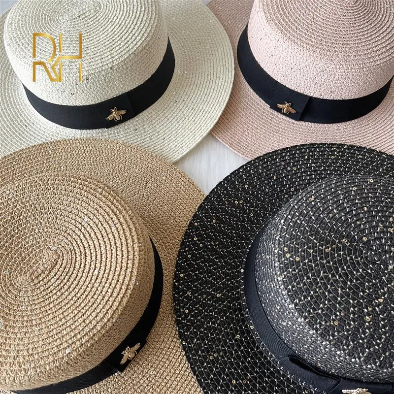 Fashion Sequins Sunscreen Paper Straw Hat Spring Summer British Flat Top Panama Sunshade Golden Bee Beach Hat