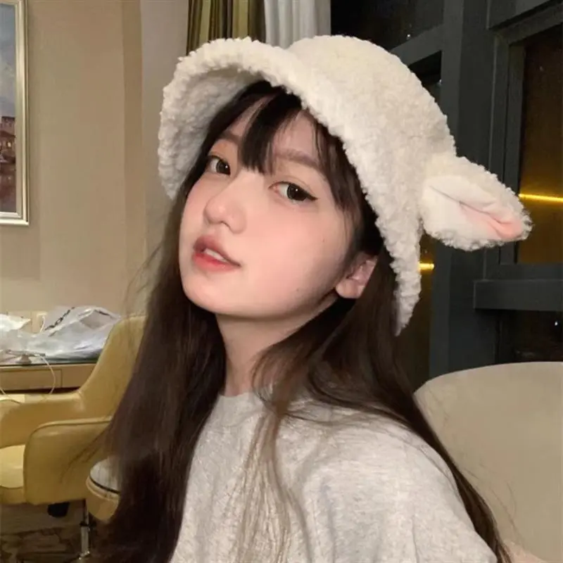 Female Faux Lamb Sheep Ears Fisherman Hat Autumn Winter Japanese Cute Sweet Korean New Kawaii Plush Bucket Hat