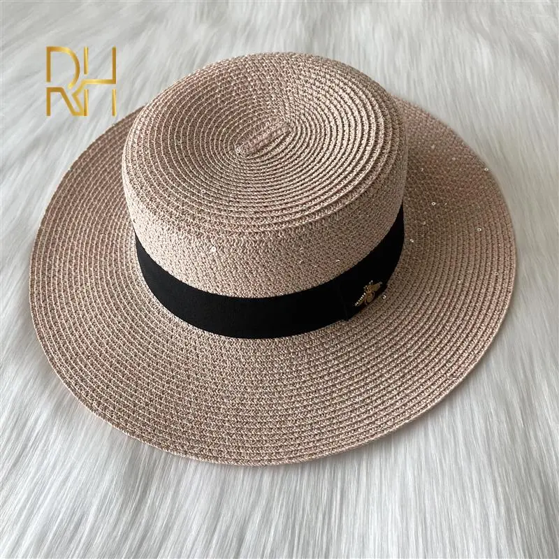 Fashion Sequins Sunscreen Paper Straw Hat Spring Summer British Flat Top Panama Sunshade Golden Bee Beach Hat