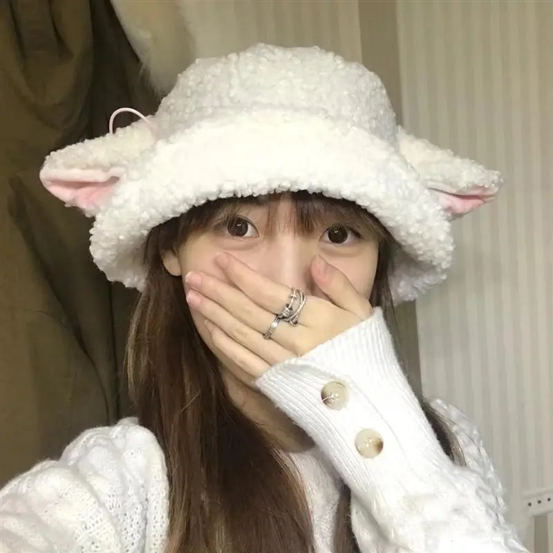 Female Faux Lamb Sheep Ears Fisherman Hat Autumn Winter Japanese Cute Sweet Korean New Kawaii Plush Bucket Hat