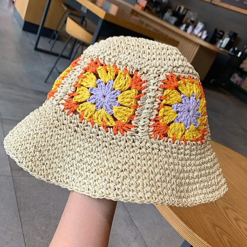 Summer Outdoor Paper Straw Hat Women Beach Holiday Sun Wide Brim Hand Woven Flowers Daisy Bucket Straw Hat