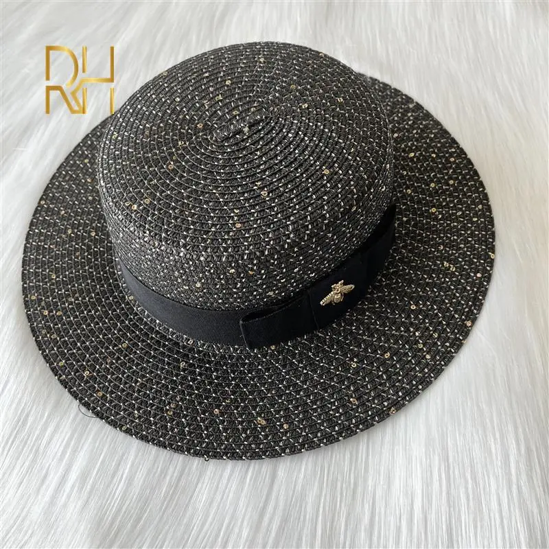 Fashion Sequins Sunscreen Paper Straw Hat Spring Summer British Flat Top Panama Sunshade Golden Bee Beach Hat
