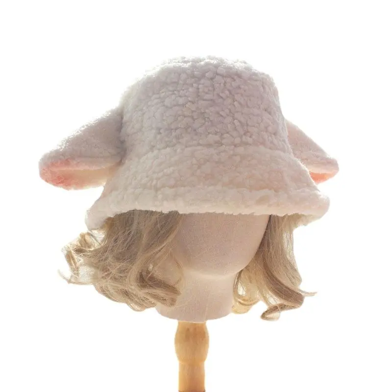 Female Faux Lamb Sheep Ears Fisherman Hat Autumn Winter Japanese Cute Sweet Korean New Kawaii Plush Bucket Hat