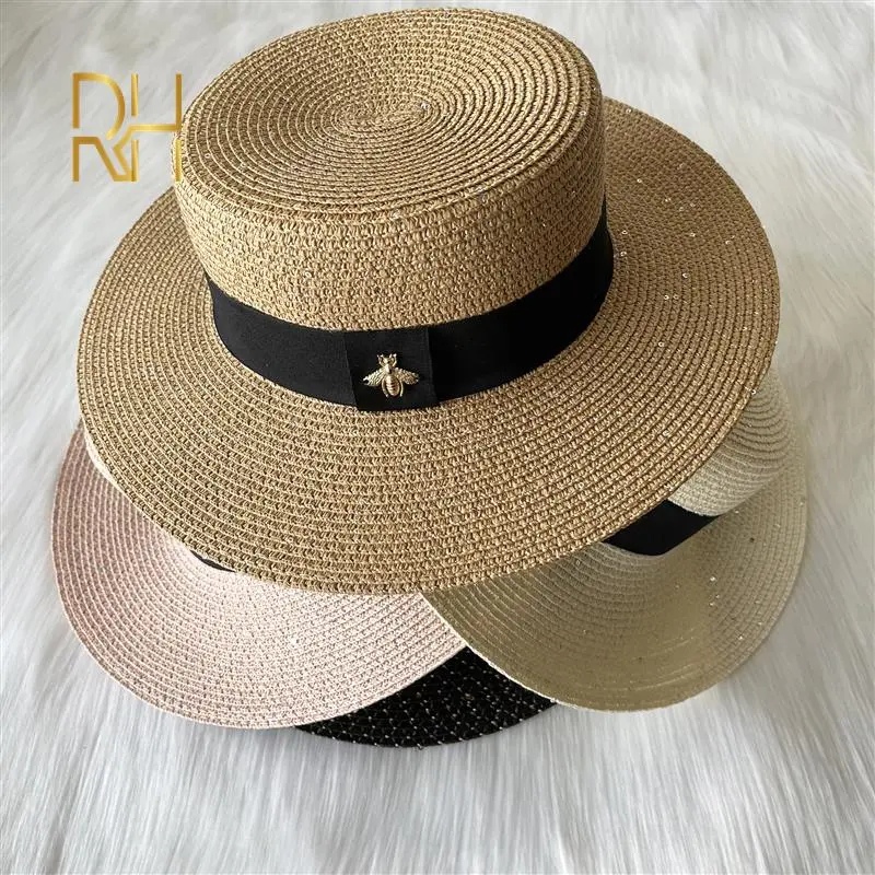 Fashion Sequins Sunscreen Paper Straw Hat Spring Summer British Flat Top Panama Sunshade Golden Bee Beach Hat