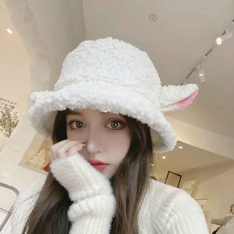 Female Faux Lamb Sheep Ears Fisherman Hat Autumn Winter Japanese Cute Sweet Korean New Kawaii Plush Bucket Hat