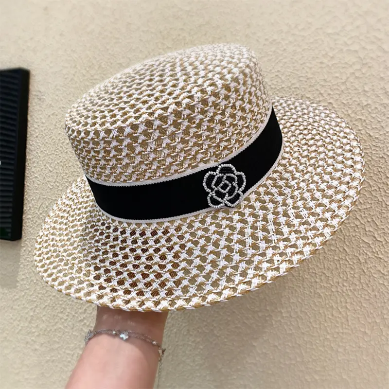 Women Flowers Pearls Band Black White Hollow Weave Paper Straw Cap Breathable Elegant Flat Hat