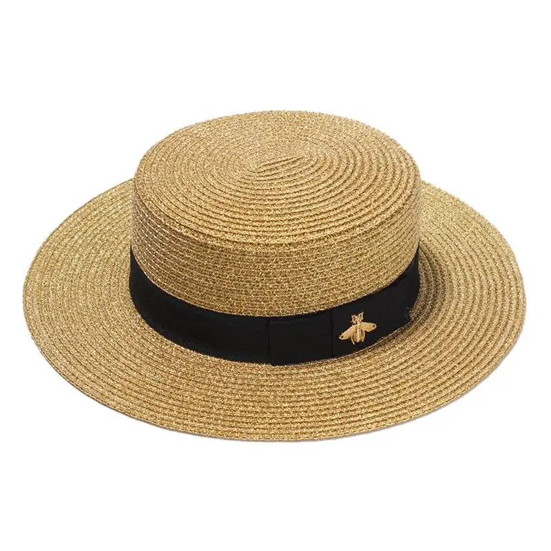 Fashion Sequins Sunscreen Paper Straw Hat Spring Summer British Flat Top Panama Sunshade Golden Bee Beach Hat