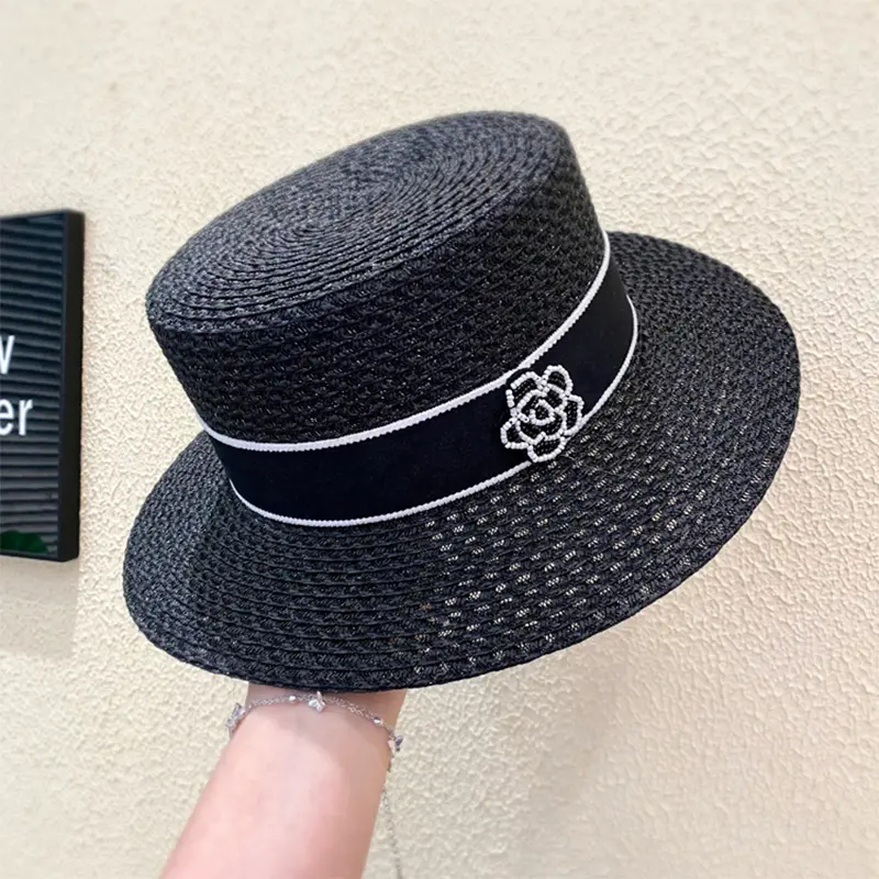 Women Flowers Pearls Band Black White Hollow Weave Paper Straw Cap Breathable Elegant Flat Hat