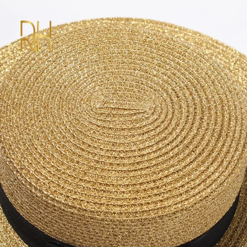 Ladies Sun Boater Flat Hats Small Bee Sequins Straw Hat Retro Gold Braided Hat Female Sunshade Shine Flat Cap RH