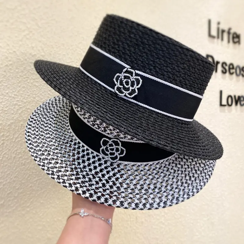 Women Flowers Pearls Band Black White Hollow Weave Paper Straw Cap Breathable Elegant Flat Hat