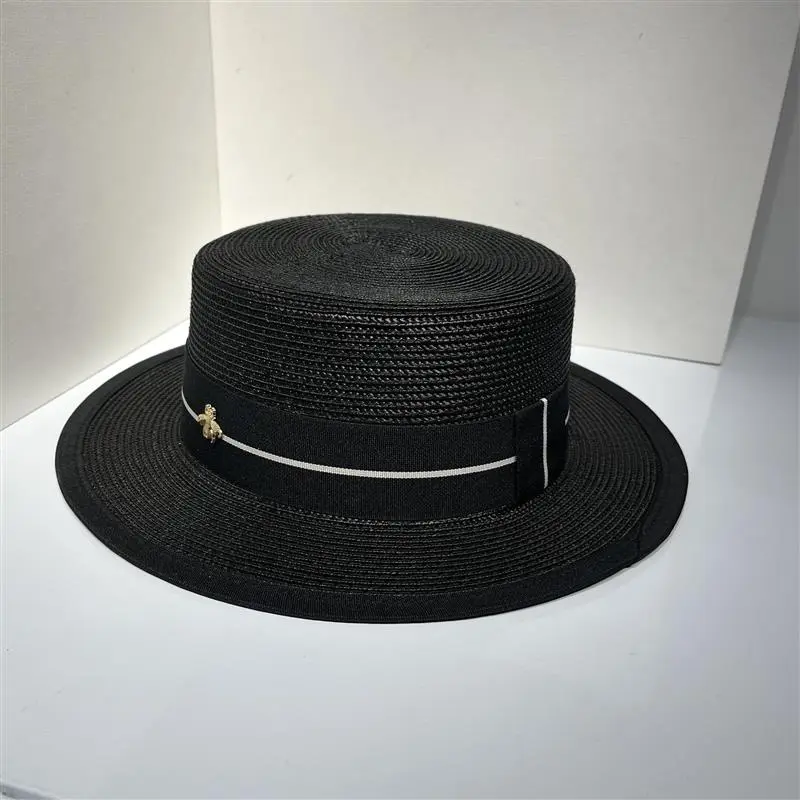 Women's Bee Travel Sunscreen Flat Top Boater Hat Female British Style Sunshade Holiday Light Beach Sun Straw Hat