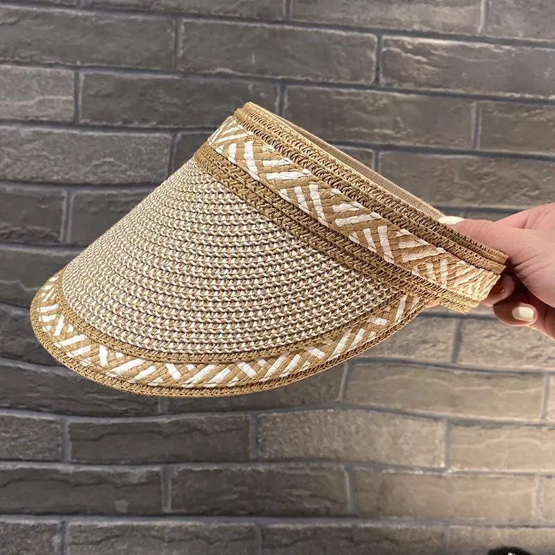 Natural Straw Sun Visor Women Empty Top Hat Fashion Stripe Leisure Beach Riding Sun Hat Ladies Summer New Sun Visor